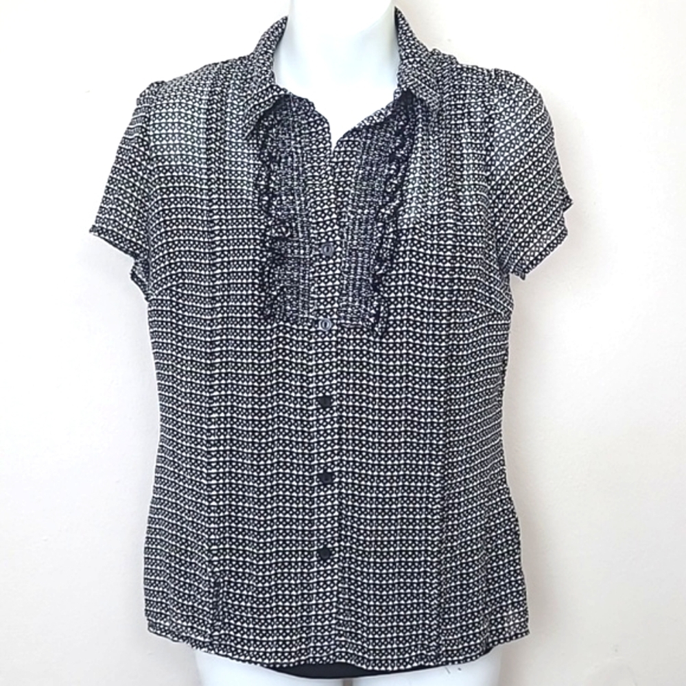 Blouse short sleeve ruffle button down black white print built in camisol Small